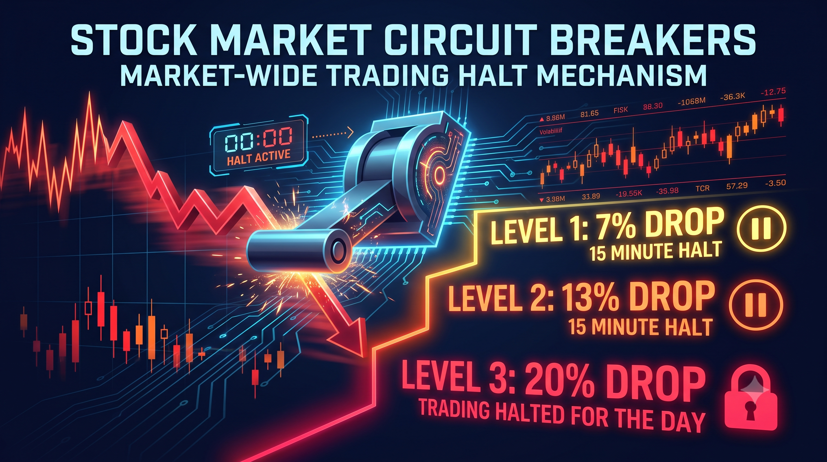 Stock Market Circuit Breakers: Market-Wide Trading Halt Mechanism," showing a glowing circuit-breaker lever amid falling red stock charts, with three halt levels: Level 1 at a 7% drop (15-minute halt), Level 2 at a 13% drop (15-minute halt), and Level 3 at a 20% drop trading halted for the day.