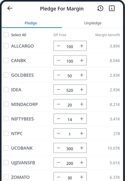 Mobile app screen titled 'Pledge For Margin' listing stocks with pledge quantities and margin benefits.