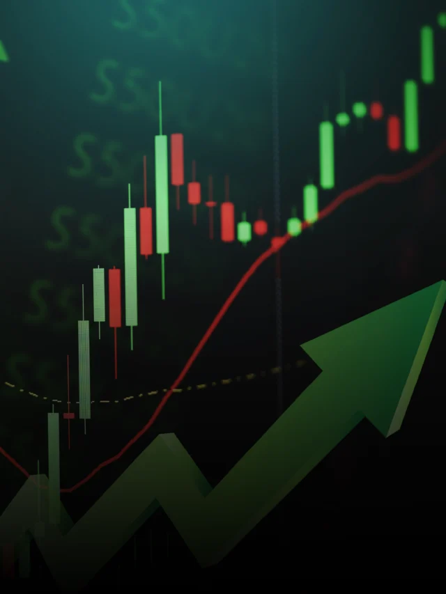Dark background candlestick chart with a prominent green upward arrow