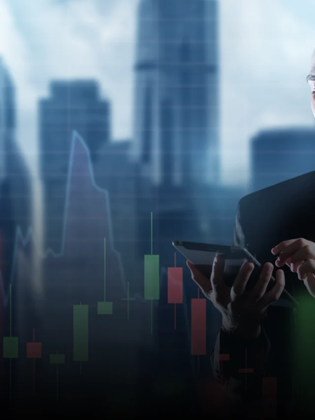 Business person using a tablet with financial charts and city skyline background.