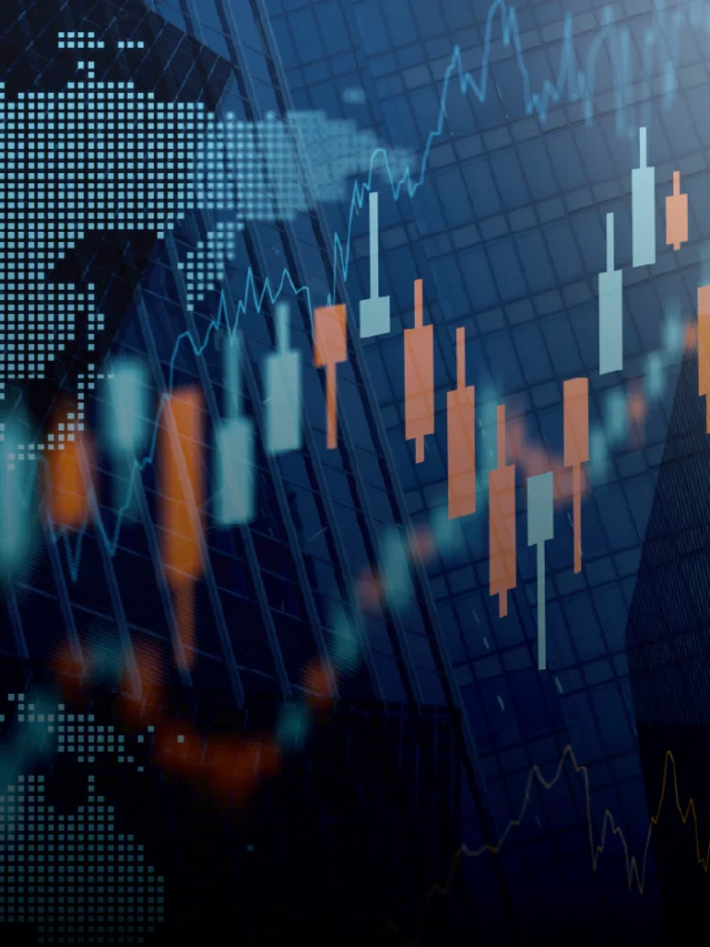 Abstract financial graphic with world map and candlestick charts