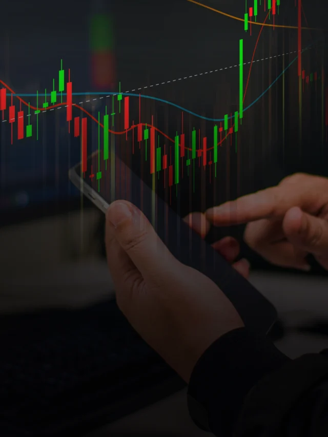 Image shows hands holding a smartphone with an overlaid abstract financial chart graphic featuring candlesticks and trend lines.